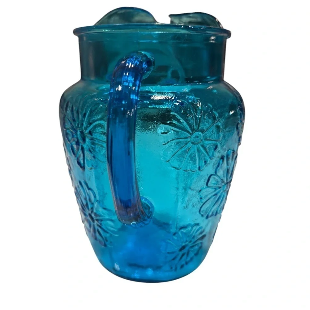 Cobalt Blue Glass Water Pitcher Vtg. 1960’s Embossed Floral Mid Century Modern